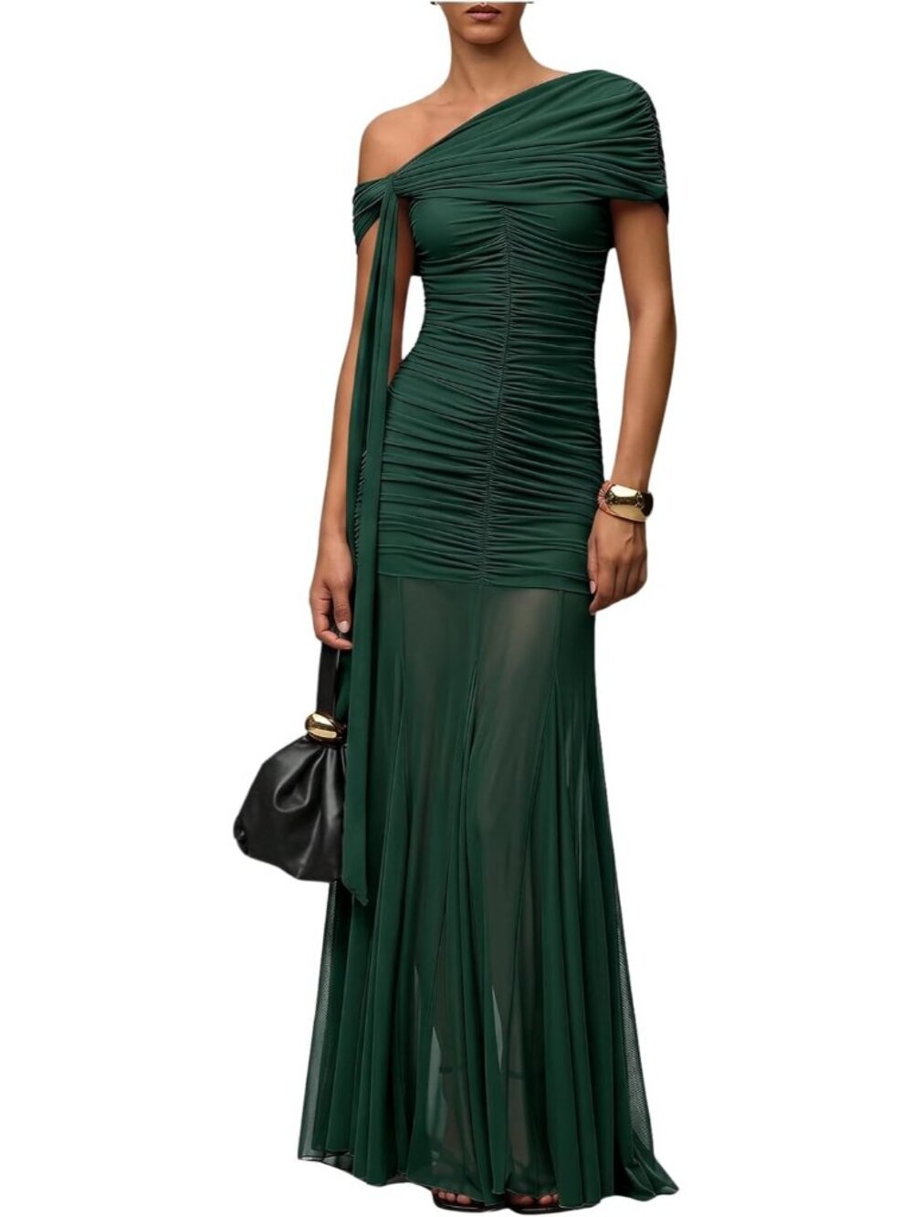 Women's Dark Green Off The Shoulder Ruched Mesh Imported Formal Corset Dress